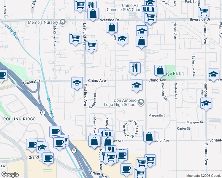 map of restaurants, bars, coffee shops, grocery stores, and more near in Chino