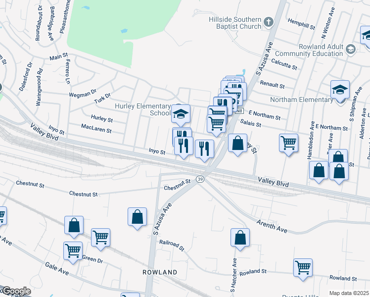 map of restaurants, bars, coffee shops, grocery stores, and more near 620 Dora Guzman Avenue in La Puente