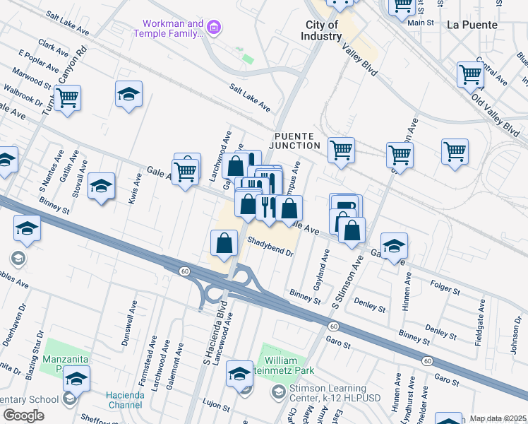 map of restaurants, bars, coffee shops, grocery stores, and more near 15833 Gale Avenue in Hacienda Heights