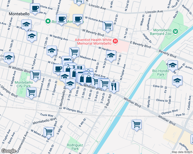 map of restaurants, bars, coffee shops, grocery stores, and more near 201 North 3rd Street in Montebello