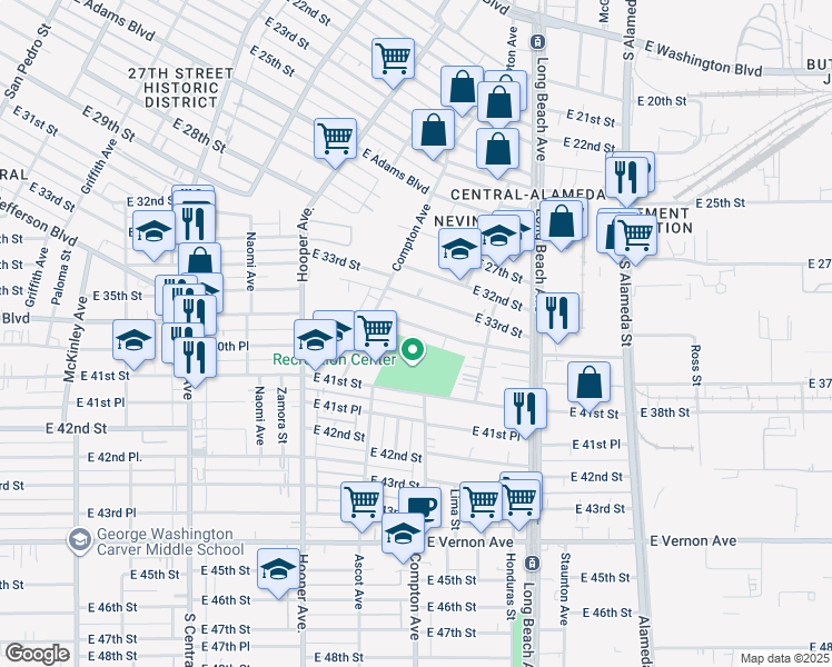 map of restaurants, bars, coffee shops, grocery stores, and more near 1537 East Martin Luther King Junior Boulevard in Los Angeles