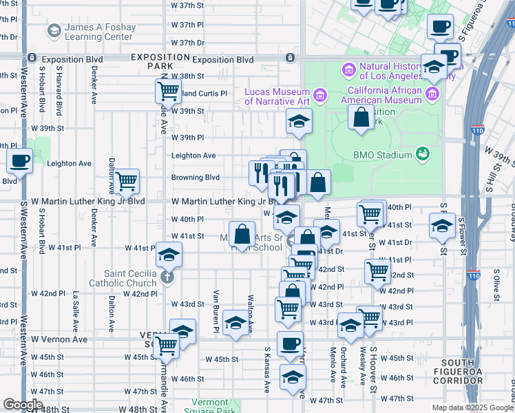 map of restaurants, bars, coffee shops, grocery stores, and more near 1107 West Martin Luther King Junior Boulevard in Los Angeles