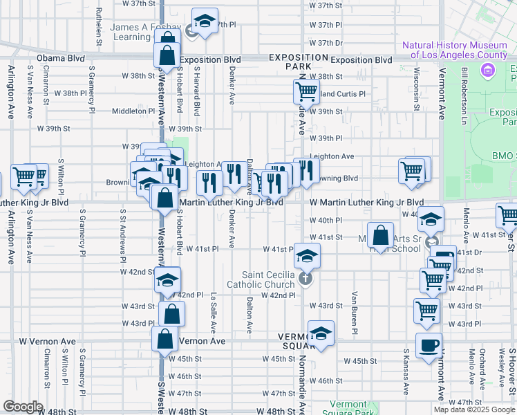 map of restaurants, bars, coffee shops, grocery stores, and more near 1507 West Martin Luther King Junior Boulevard in Los Angeles