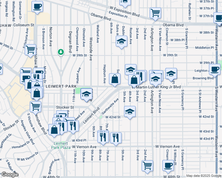 map of restaurants, bars, coffee shops, grocery stores, and more near 4021 6th Avenue in Los Angeles
