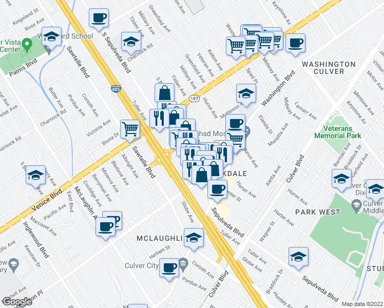 map of restaurants, bars, coffee shops, grocery stores, and more near 3930 Sepulveda Boulevard in Culver City