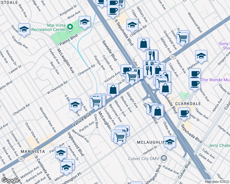 map of restaurants, bars, coffee shops, grocery stores, and more near 11404 Biona Drive in Los Angeles