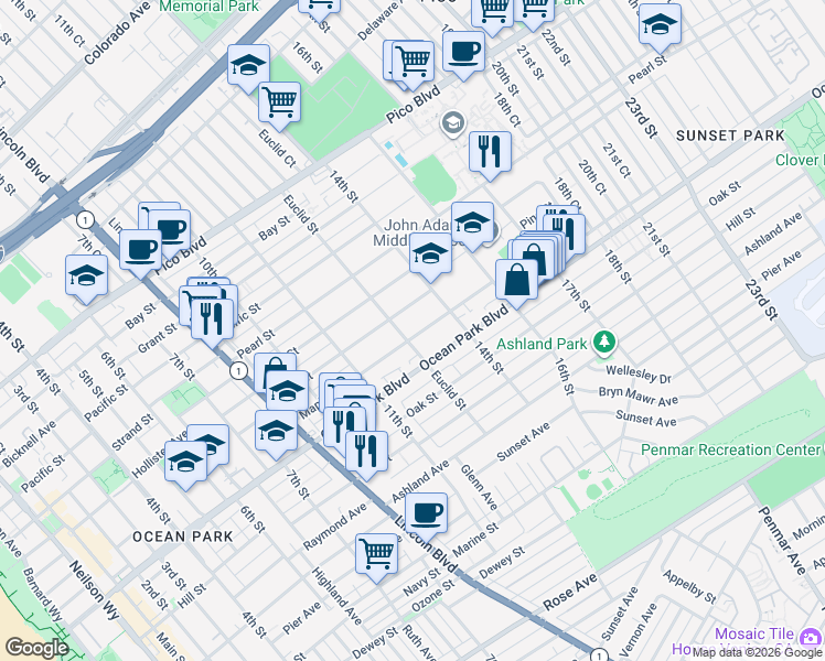 map of restaurants, bars, coffee shops, grocery stores, and more near 1310 Pine Street in Santa Monica