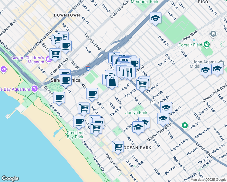 map of restaurants, bars, coffee shops, grocery stores, and more near 1901 6th Street in Santa Monica