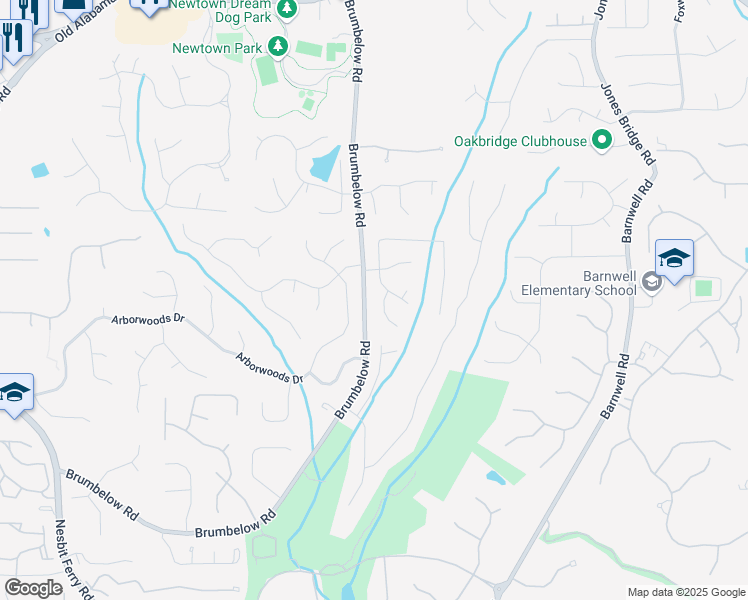map of restaurants, bars, coffee shops, grocery stores, and more near 725 Eider Down Court in Alpharetta