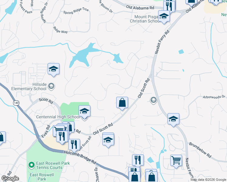 map of restaurants, bars, coffee shops, grocery stores, and more near 9515 Nesbit Lakes Drive in Alpharetta