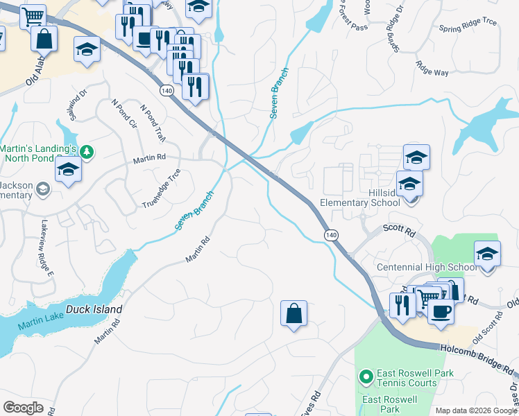 map of restaurants, bars, coffee shops, grocery stores, and more near 330 6 Branches Court in Roswell
