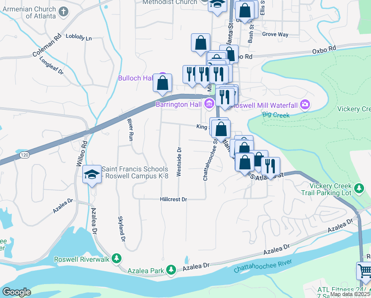 map of restaurants, bars, coffee shops, grocery stores, and more near 443 Westside Drive in Roswell