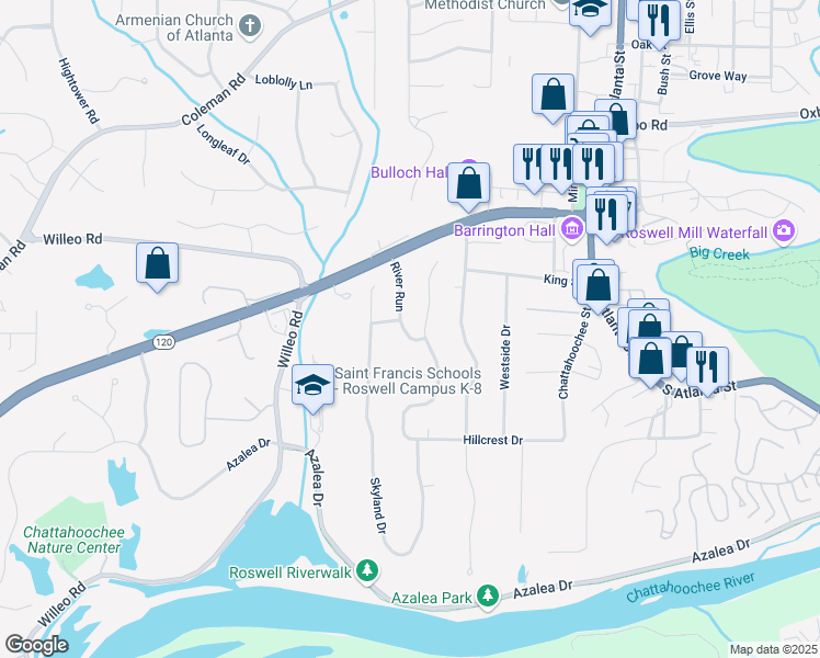 map of restaurants, bars, coffee shops, grocery stores, and more near 175 River Run in Roswell