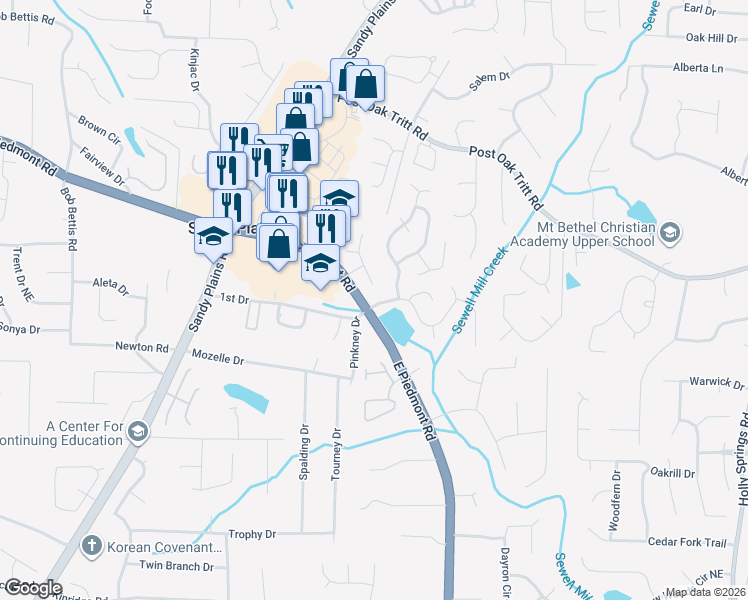 map of restaurants, bars, coffee shops, grocery stores, and more near 2123 Mainsail Drive Northeast in Marietta