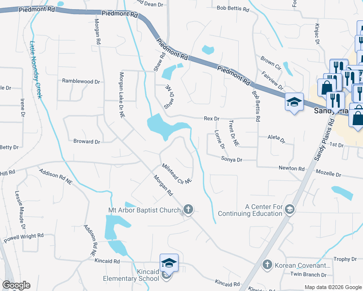 map of restaurants, bars, coffee shops, grocery stores, and more near 2333 Milstead Circle Northeast in Marietta