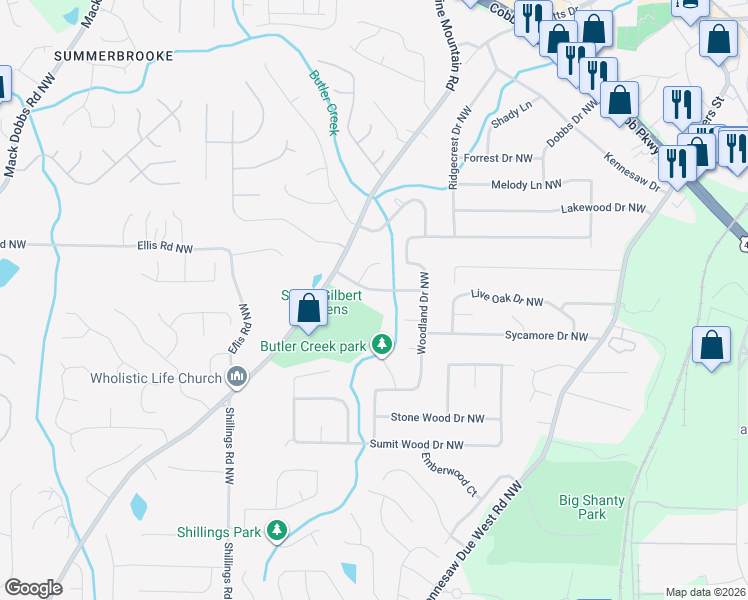 map of restaurants, bars, coffee shops, grocery stores, and more near 3020 Black Gum Drive Northwest in Kennesaw