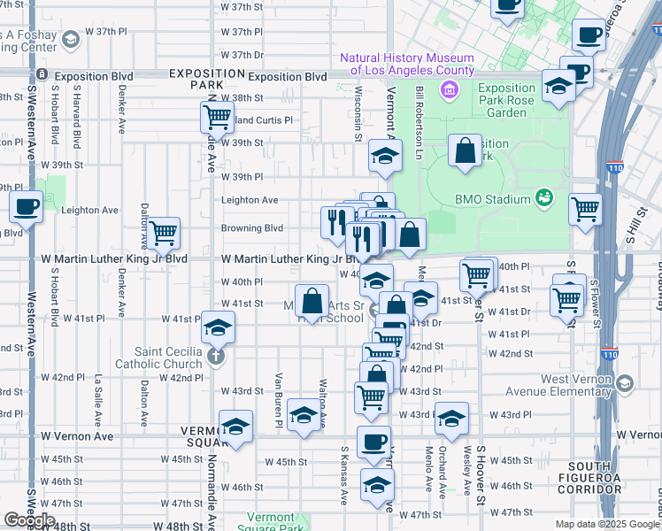 map of restaurants, bars, coffee shops, grocery stores, and more near 1101 West Martin Luther King Junior Boulevard in Los Angeles