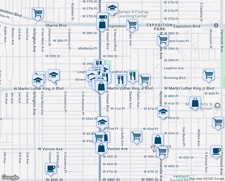 map of restaurants, bars, coffee shops, grocery stores, and more near 3996 South Harvard Boulevard in Los Angeles