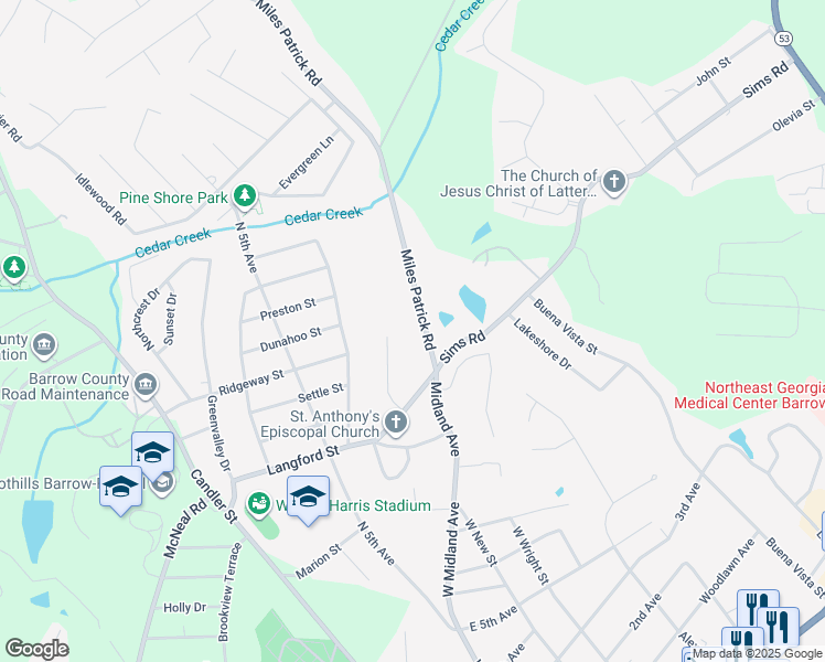 map of restaurants, bars, coffee shops, grocery stores, and more near 349 Miles Patrick Road in Winder