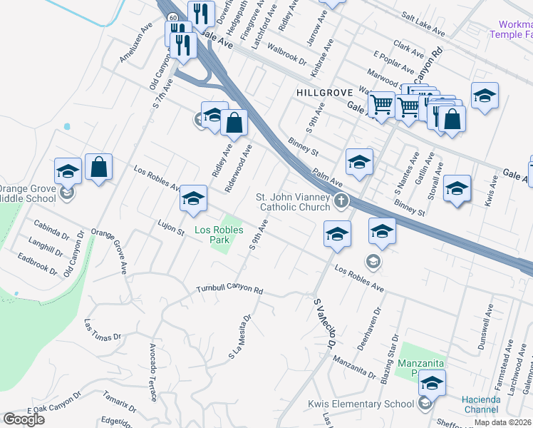 map of restaurants, bars, coffee shops, grocery stores, and more near 1425 South 9th Avenue in Hacienda Heights