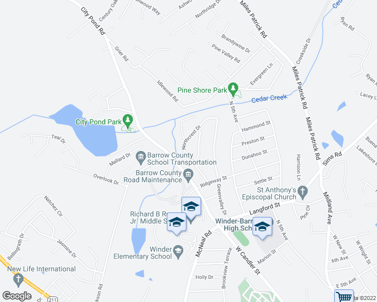 map of restaurants, bars, coffee shops, grocery stores, and more near 445 Northcrest Drive in Winder