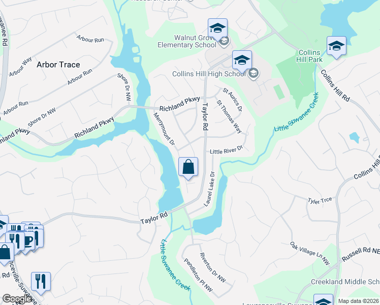 map of restaurants, bars, coffee shops, grocery stores, and more near 2174 Cape Liberty Drive in Suwanee