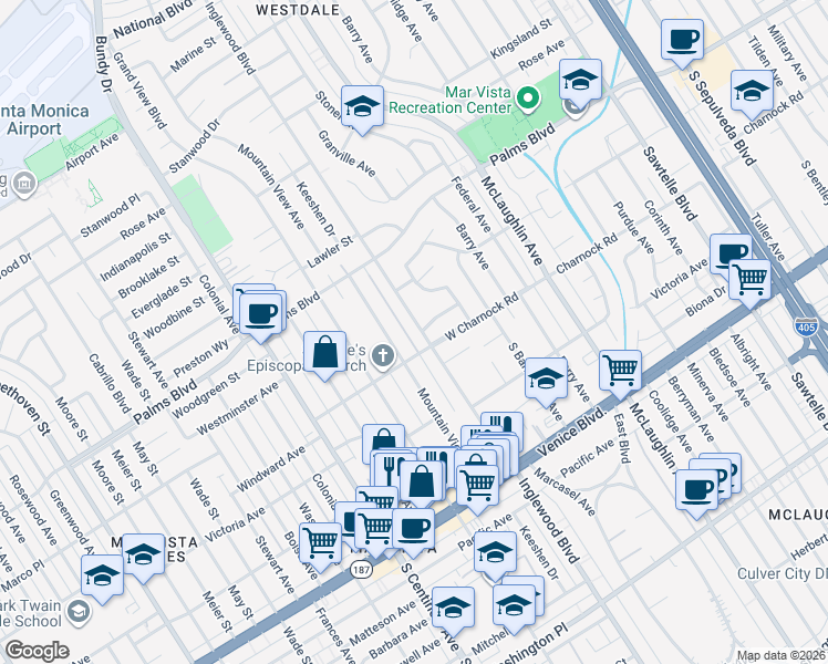 map of restaurants, bars, coffee shops, grocery stores, and more near 3577 Inglewood Boulevard in Los Angeles