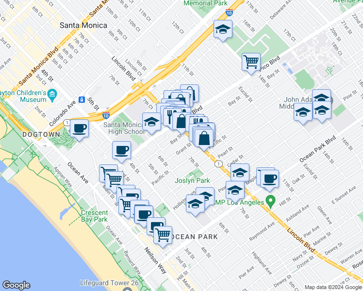 map of restaurants, bars, coffee shops, grocery stores, and more near 707 Grant Street in Santa Monica