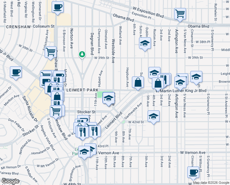 map of restaurants, bars, coffee shops, grocery stores, and more near 4058 9th Avenue in Los Angeles