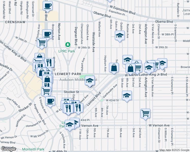 map of restaurants, bars, coffee shops, grocery stores, and more near 4058 9th Avenue in Los Angeles