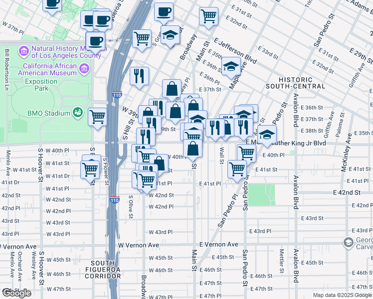 map of restaurants, bars, coffee shops, grocery stores, and more near 125 West 40th Place in Los Angeles