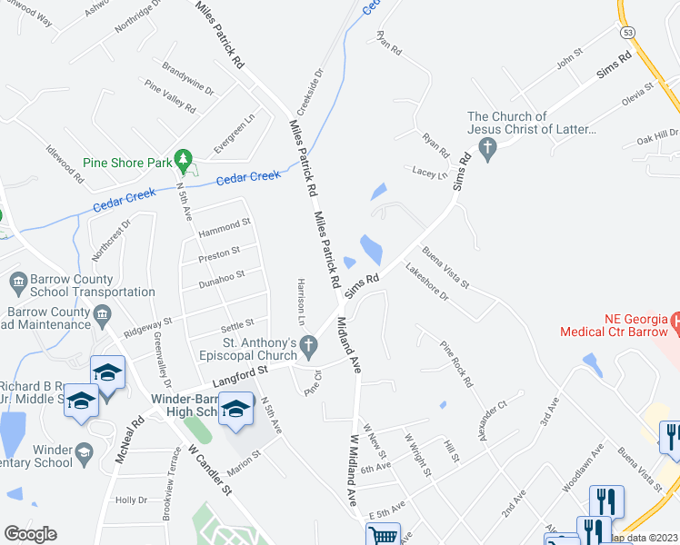 map of restaurants, bars, coffee shops, grocery stores, and more near 341 Miles Patrick Road in Winder