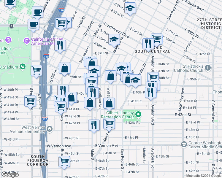 map of restaurants, bars, coffee shops, grocery stores, and more near 4010 Wall Street in Los Angeles