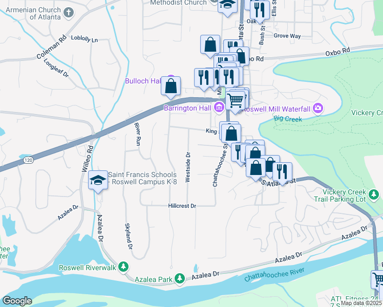 map of restaurants, bars, coffee shops, grocery stores, and more near 443 Westside Drive in Roswell