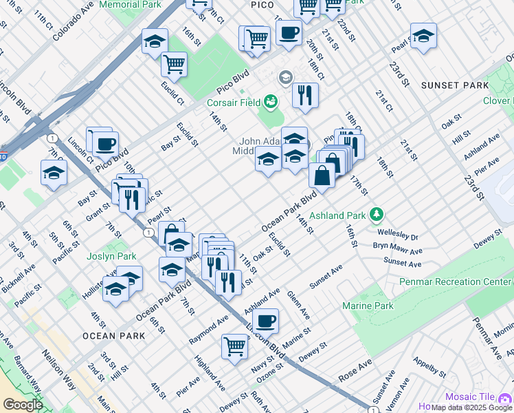 map of restaurants, bars, coffee shops, grocery stores, and more near 1310 Pine Street in Santa Monica