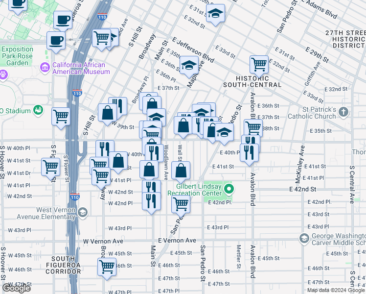 map of restaurants, bars, coffee shops, grocery stores, and more near 4010 Wall Street in Los Angeles