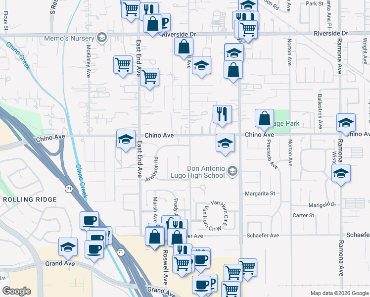 map of restaurants, bars, coffee shops, grocery stores, and more near 3887 Arvidson Road in Chino