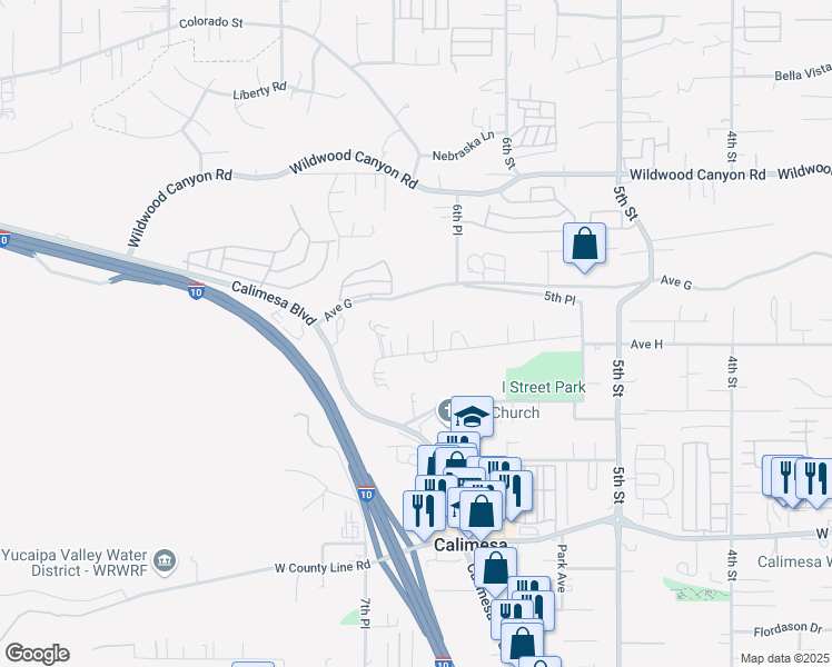 map of restaurants, bars, coffee shops, grocery stores, and more near 13359 Rimview Court in Yucaipa