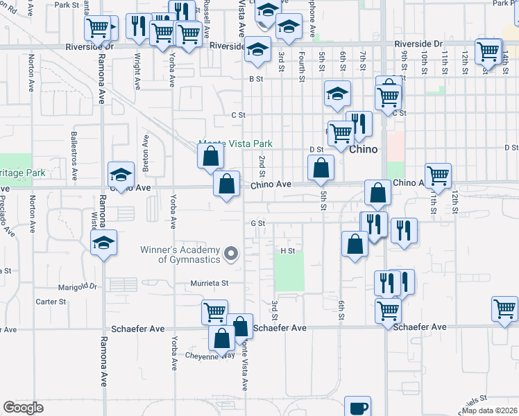 map of restaurants, bars, coffee shops, grocery stores, and more near 4914 F Street in Chino