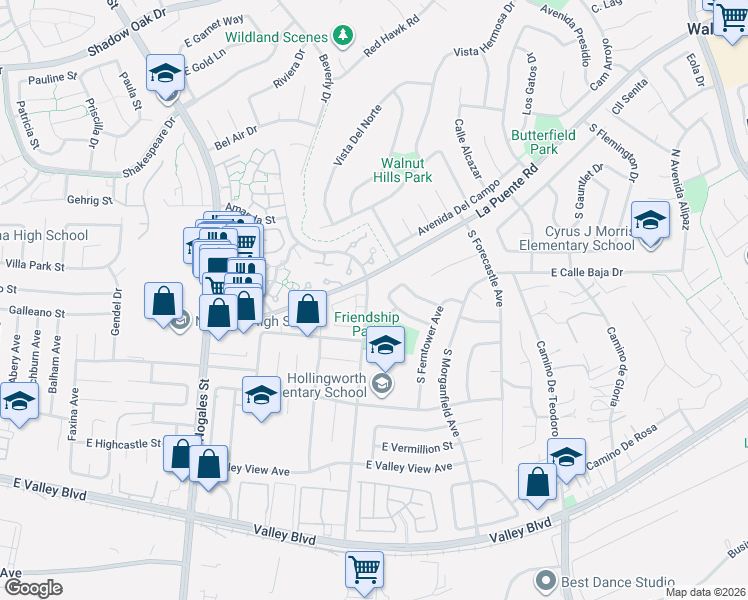 map of restaurants, bars, coffee shops, grocery stores, and more near 19288 La Puente Road in West Covina