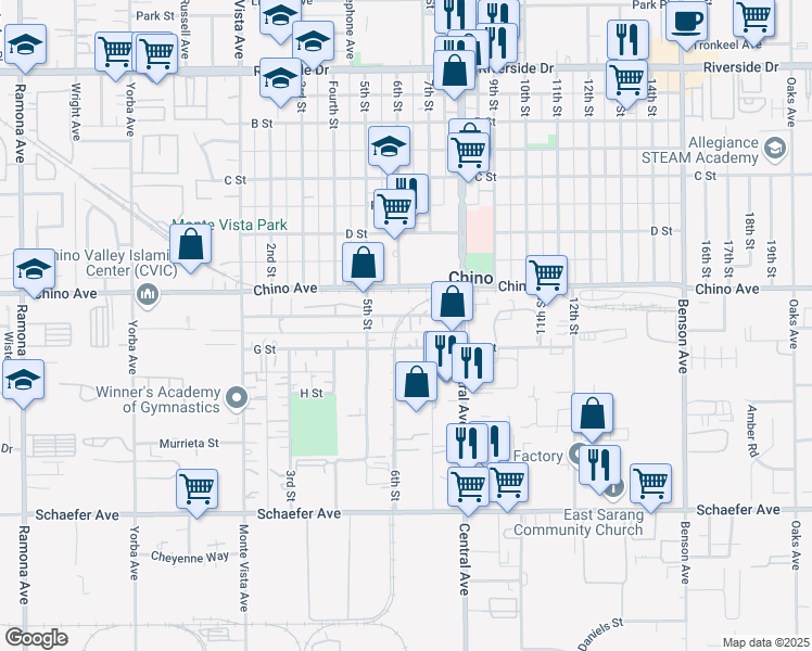 map of restaurants, bars, coffee shops, grocery stores, and more near 5199 F Street in Chino
