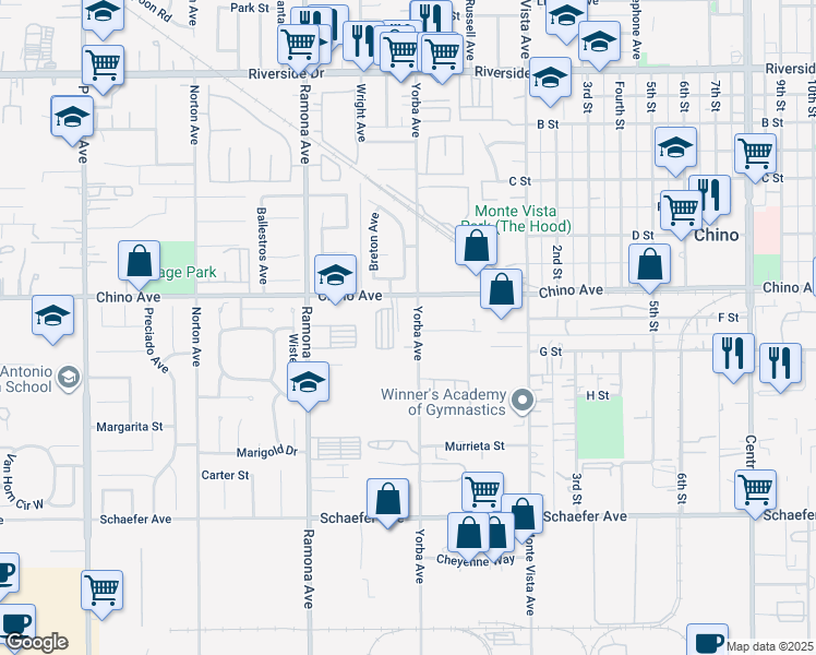 map of restaurants, bars, coffee shops, grocery stores, and more near 13358 Yorba Avenue in Chino
