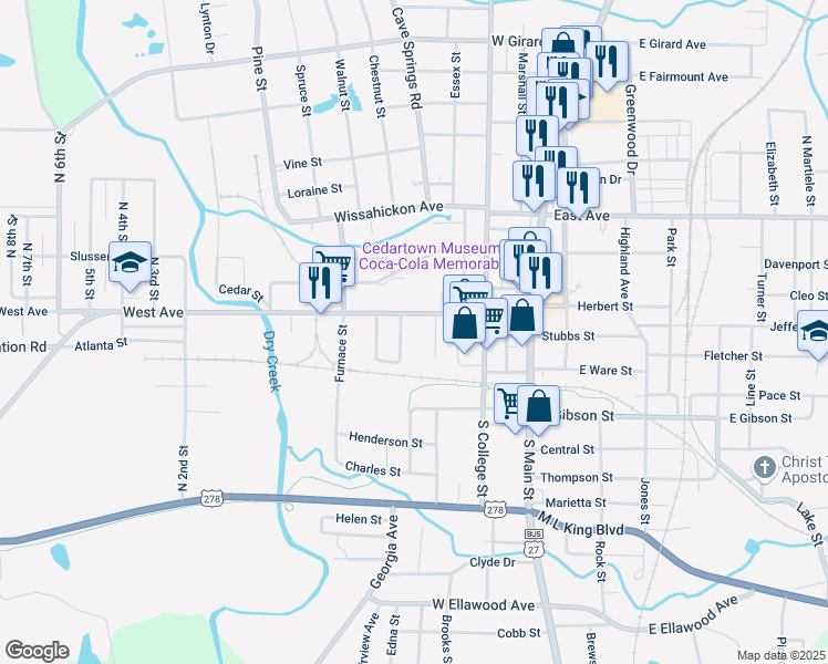 map of restaurants, bars, coffee shops, grocery stores, and more near 316 Cherokee Street in Cedartown