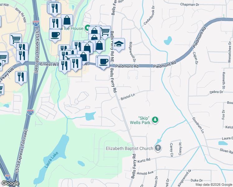 map of restaurants, bars, coffee shops, grocery stores, and more near 2420 Bells Ferry Road in Marietta