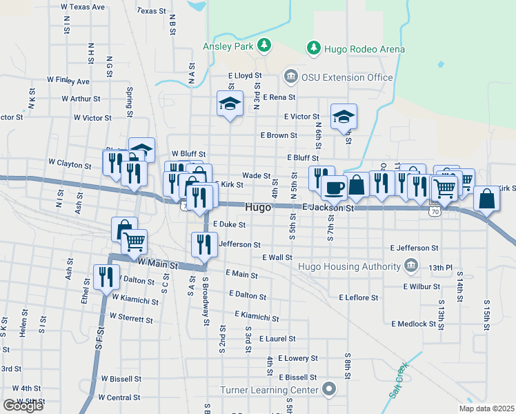 map of restaurants, bars, coffee shops, grocery stores, and more near in Hugo