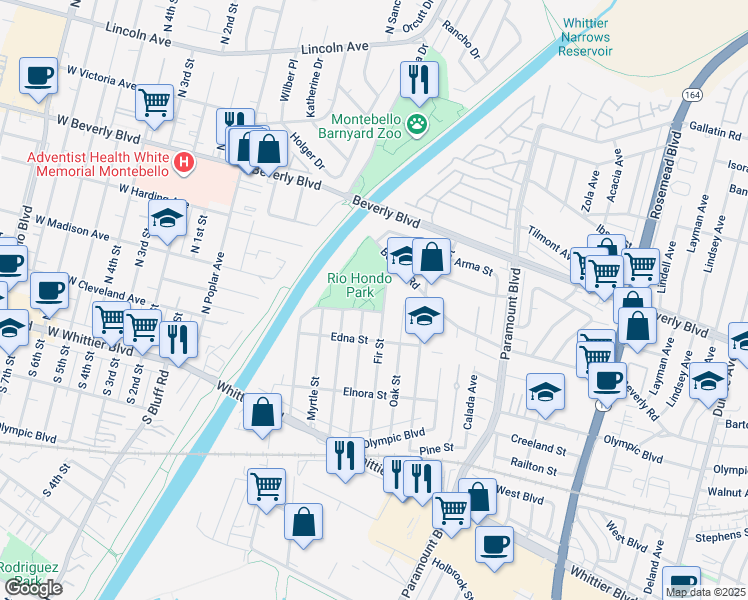 map of restaurants, bars, coffee shops, grocery stores, and more near 8421 San Luis Potosi in Pico Rivera