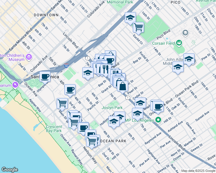 map of restaurants, bars, coffee shops, grocery stores, and more near 2018 California 1 in Santa Monica
