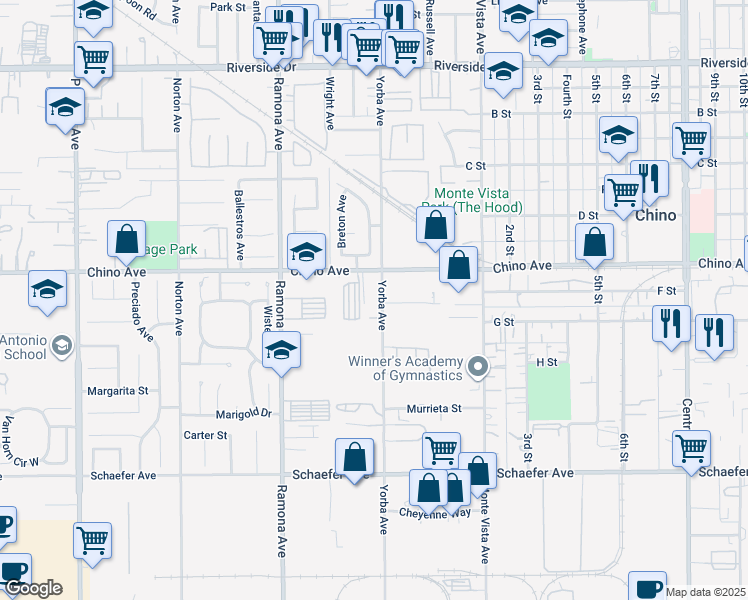 map of restaurants, bars, coffee shops, grocery stores, and more near 13358 Yorba Avenue in Chino