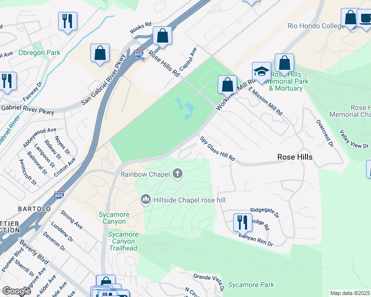 map of restaurants, bars, coffee shops, grocery stores, and more near 4512 Workman Mill Road in Whittier