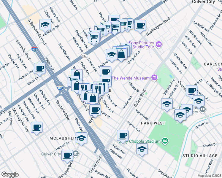 map of restaurants, bars, coffee shops, grocery stores, and more near 4033 Huron Avenue in Culver City